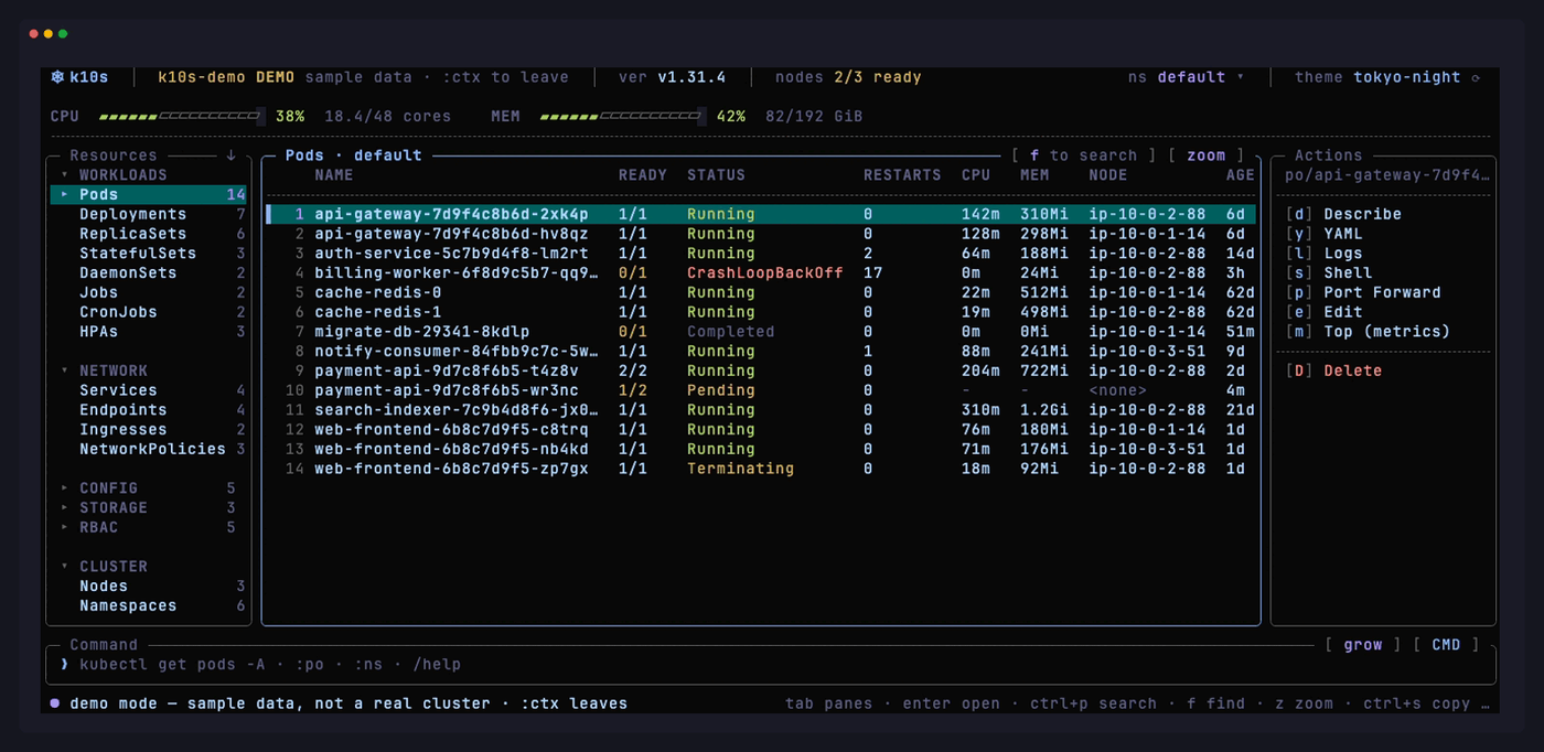 Кликабельная панель Kubernetes k10s: действия для выбранного объекта прямо на экране