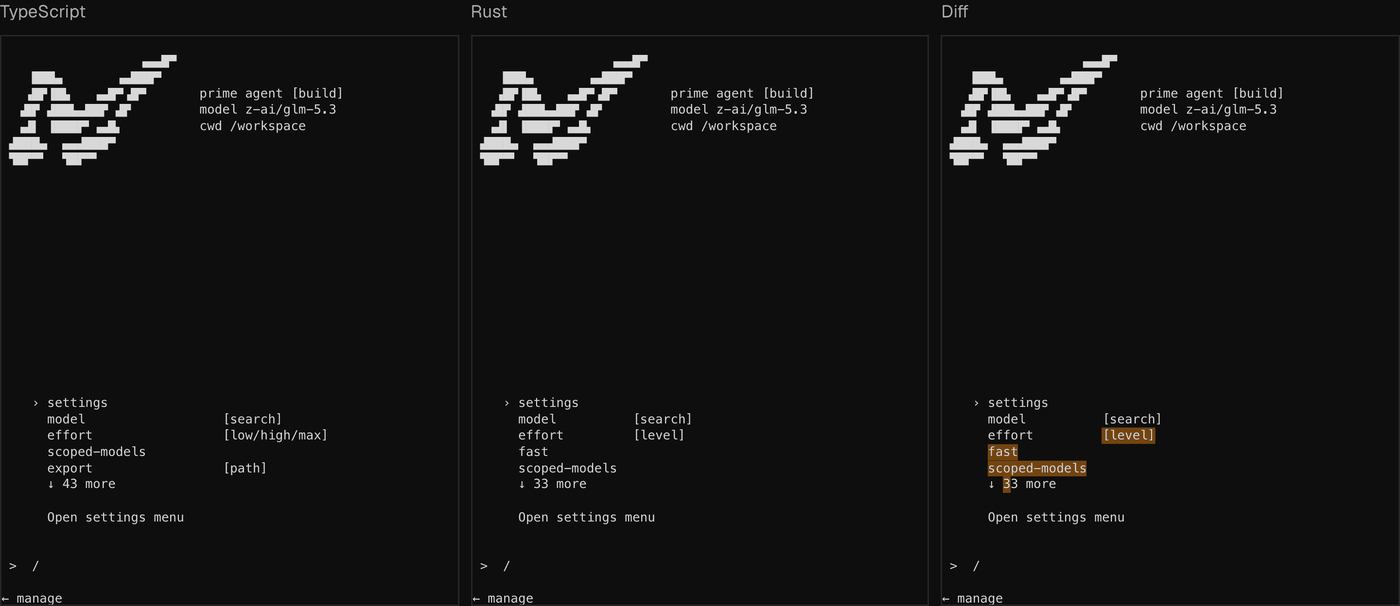 Слева TypeScript, справа Rust, посередине расхождения: так выглядит автоматическая сверка поведения