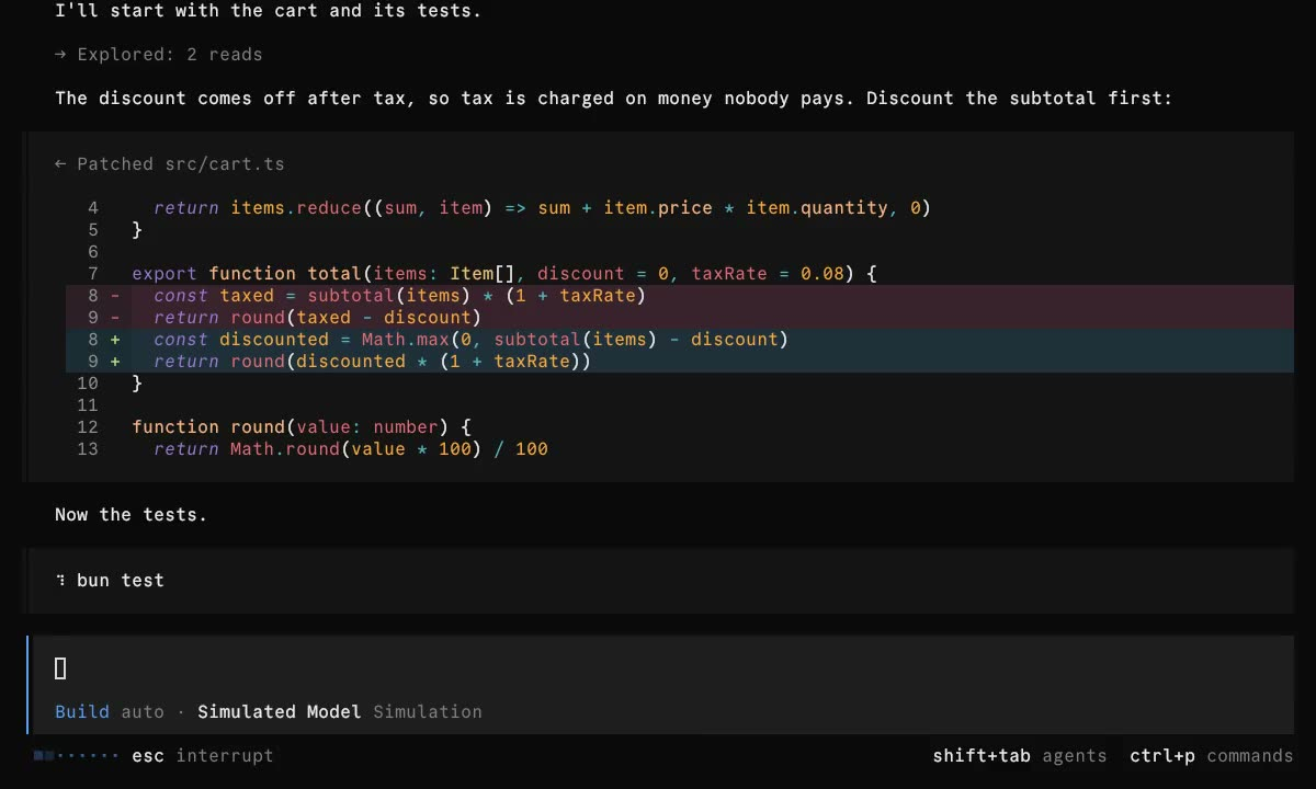 Консоль OpenCode 2.0: правка src/cart.ts и запуск тестов. Скриншот из анонса anoma.ly