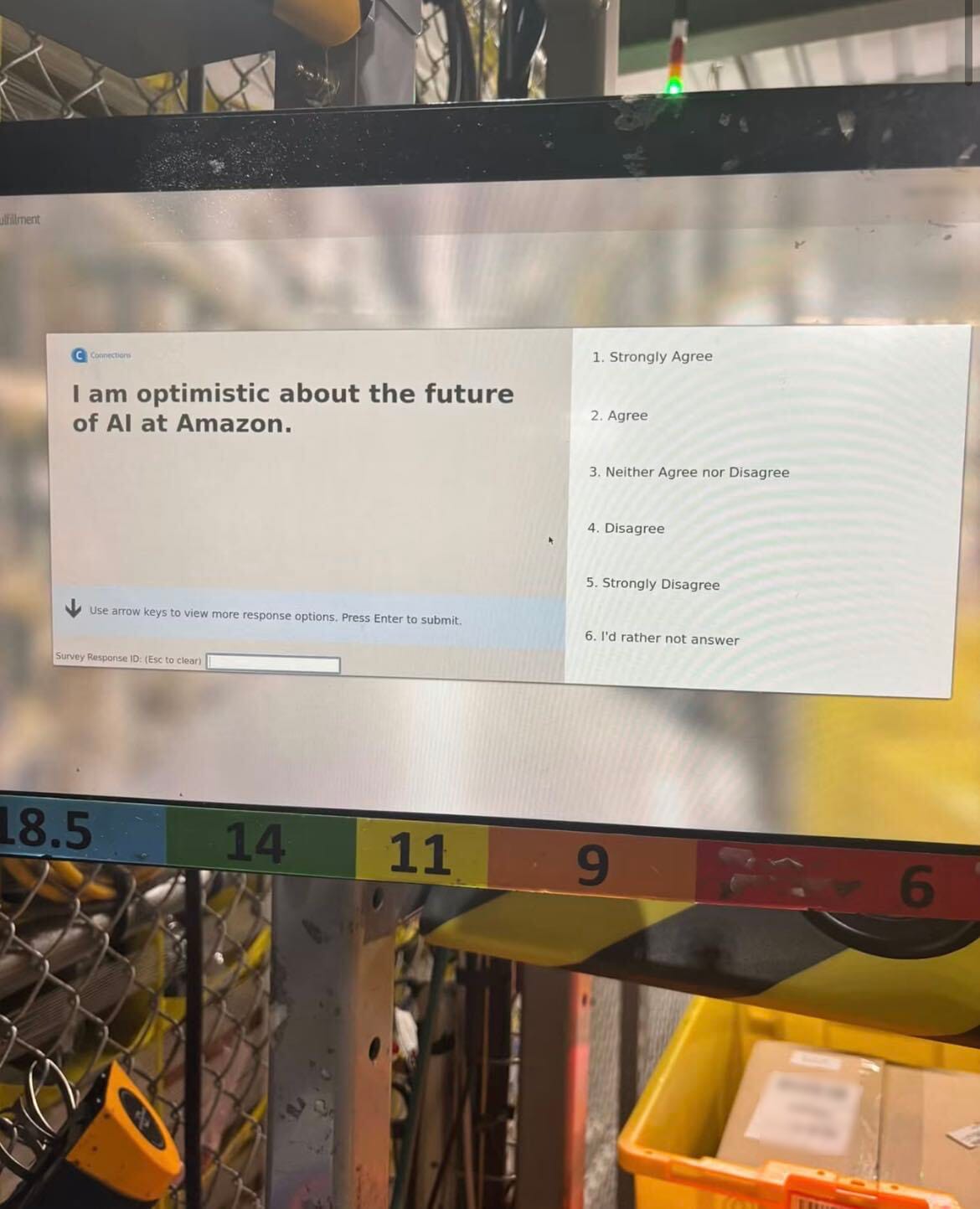Экран внутреннего опроса Amazon прямо на складе: «I am optimistic about the future of AI at Amazon» и поле Survey Response ID