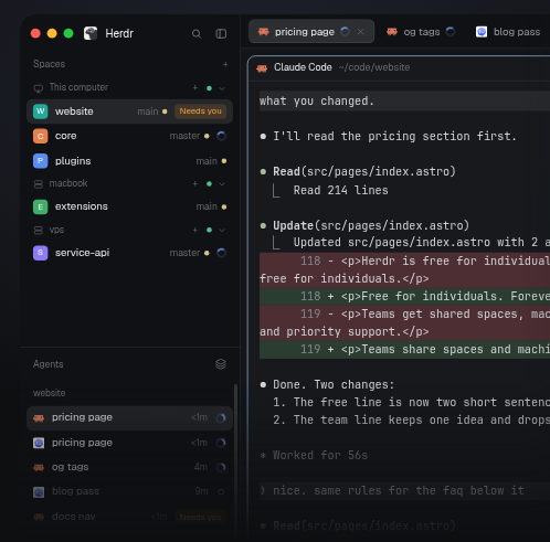 Herdr: боковая панель со списком пространств и агентов, отметка «Needs you» и окно Claude Code с правками (herdr.dev)