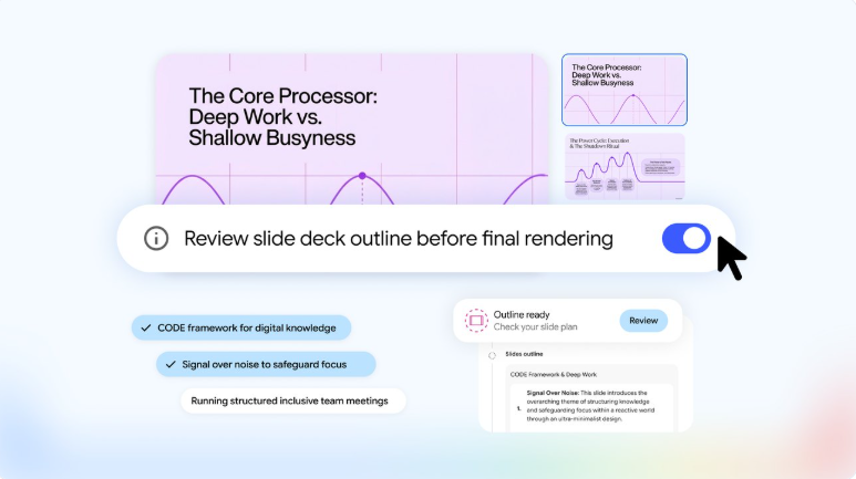 Анонс Gemini Notebook: переключатель «Review slide deck outline before final rendering» и готовый план слайдов