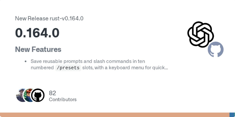Карточка релиза Codex 0.164.0: в New Features — десять слотов /presets