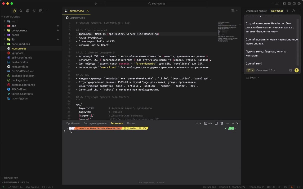 Каркас страниц и навигация: Layout, Header и Footer в Cursor
