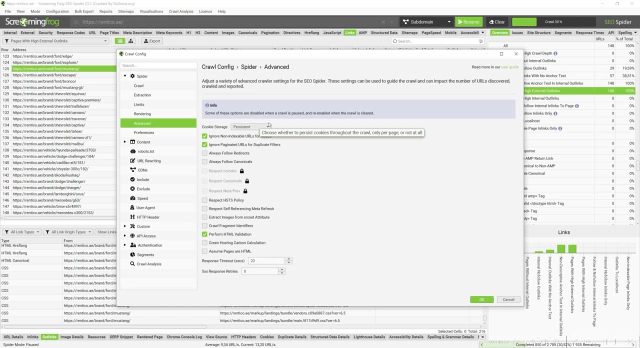 Настройки Crawl - Advanced в Screaming Frog: куки, редиректы, canonical, валидация HTML и таймауты