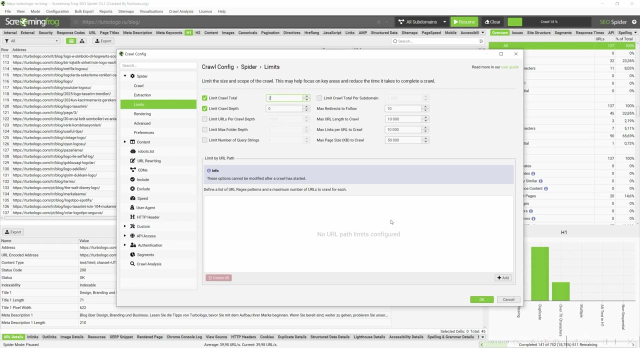 Настройки Limits в Screaming Frog: как ограничить парсинг и собрать репрезентативную выборку